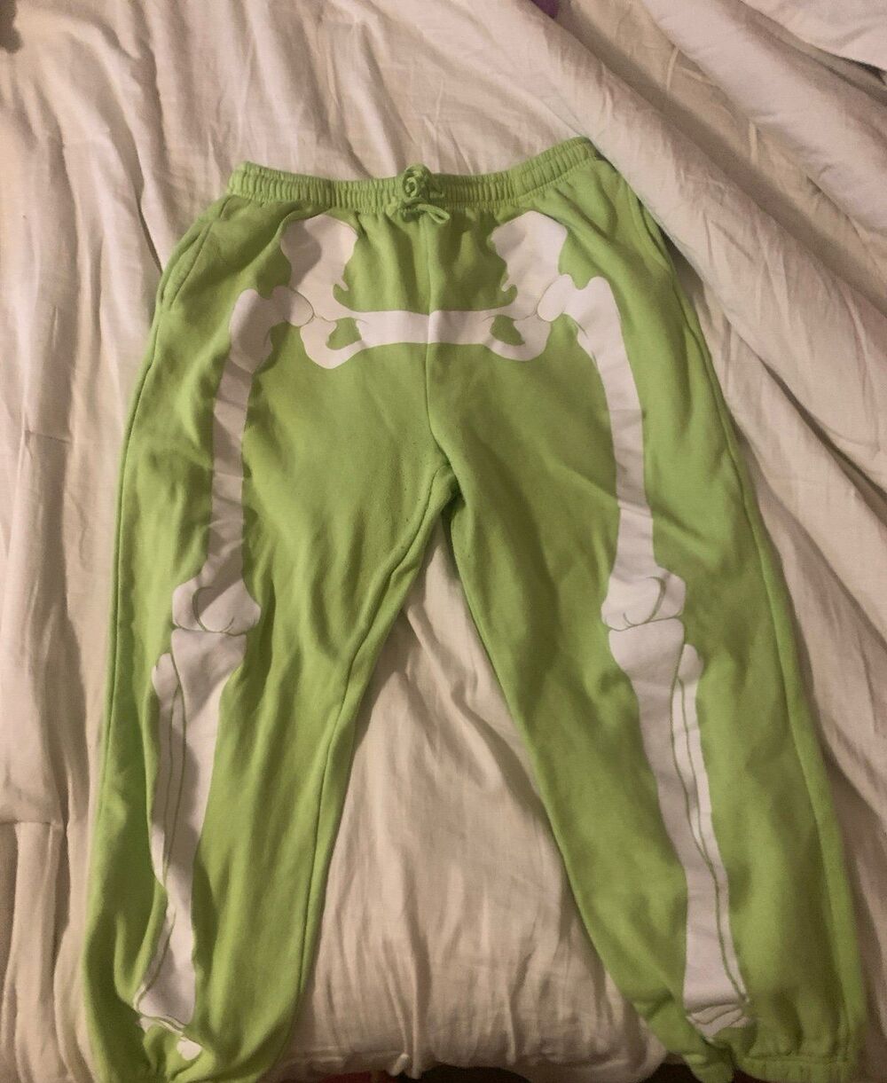 Mighty Fine Skeleton Print Cropped Sweatpants – Lime Green Fleece – Size XL